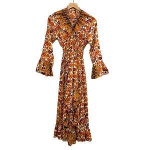 SILK Dress Women’s XS Orange Purple Paisley Floral Bell Sleeves Ruffles.